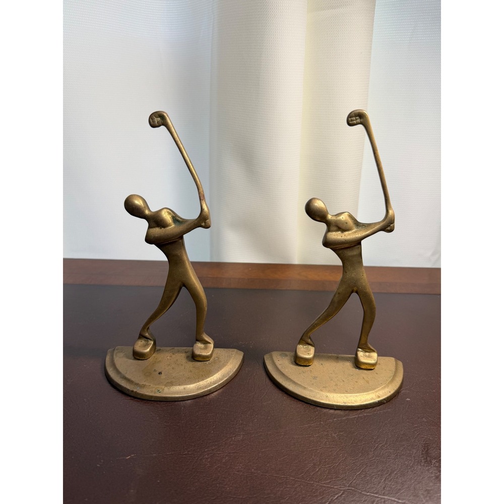 Vintage Brass Golfer Bookends Mid Century Modern Abstract Golf Decor Set of 2